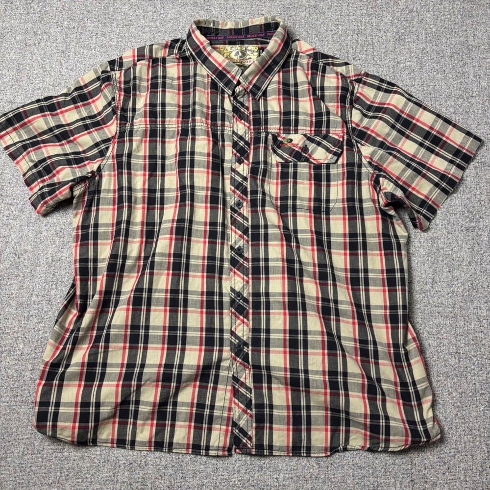 Mossy Oak Shirt Mens 2XL Short Sleeve Plaid Tan Black Red Button Down